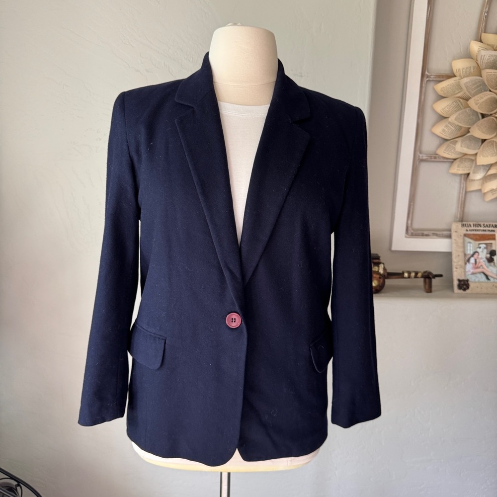 Vintage By Premier Women's Classic Navy Blue Wool One Button Blazer Jacket Sz. L